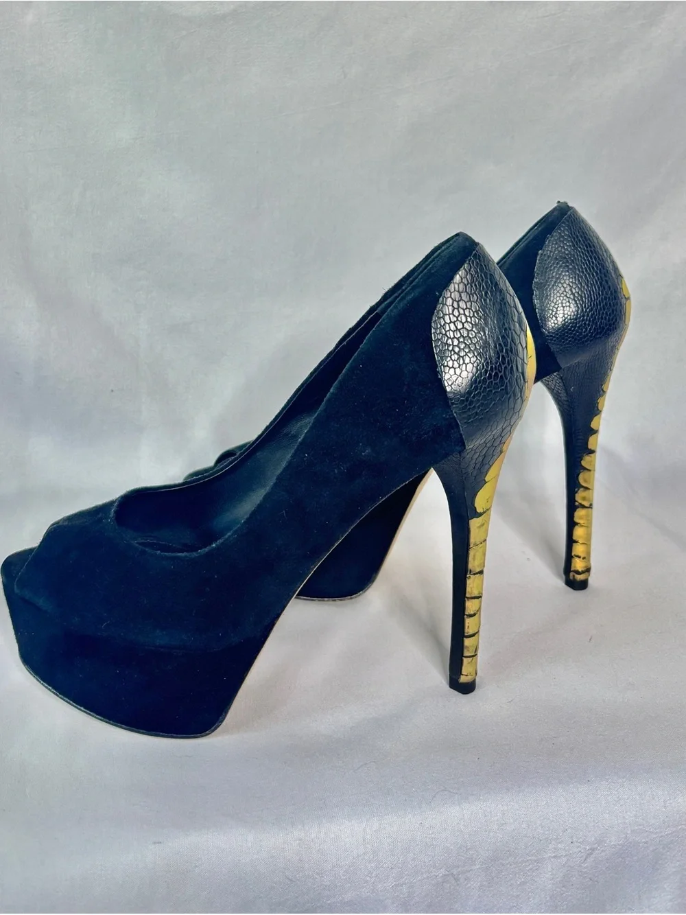 Brian Atwood suede‎ platform stiletto heels with black and gold statement detail